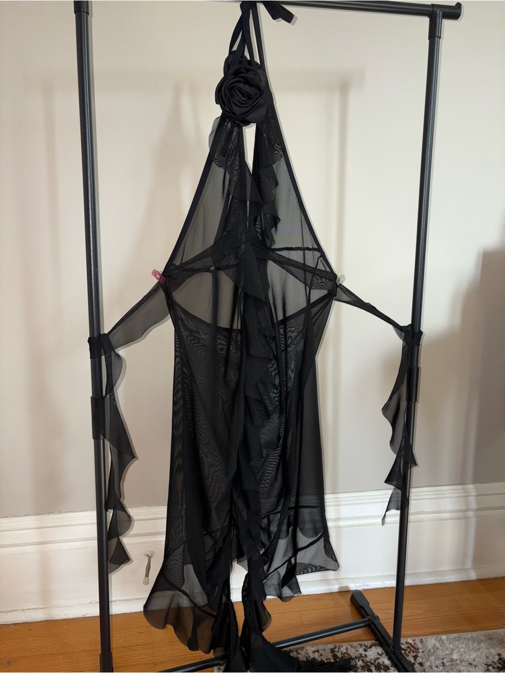 Black Mesh Ruffle Halter Beach Coverup - Women’s beachwear